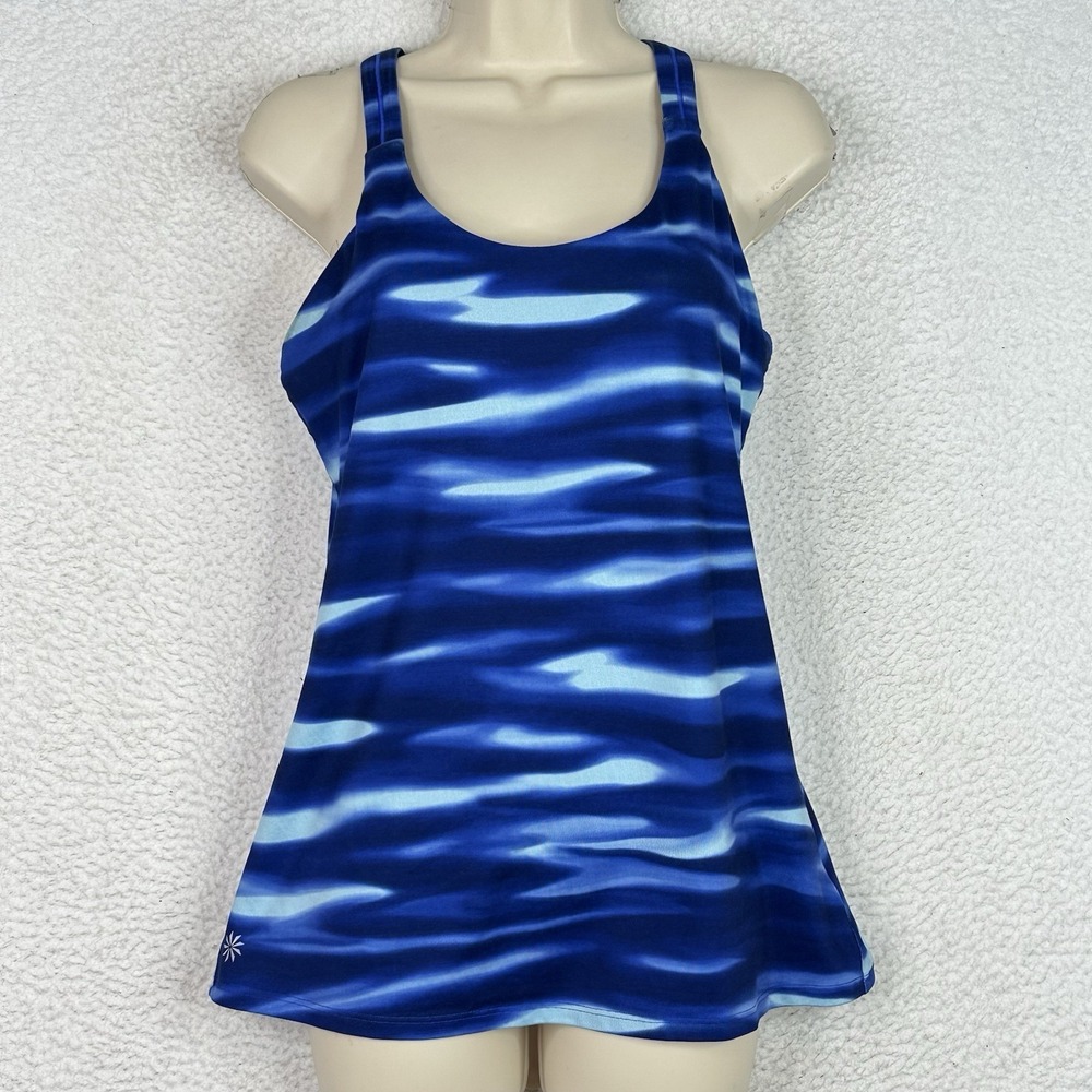 Athleta Tankini Swim Top Womens L Blue Racerback Shelf Bra Crossback Athletic - Picture 14 of 14